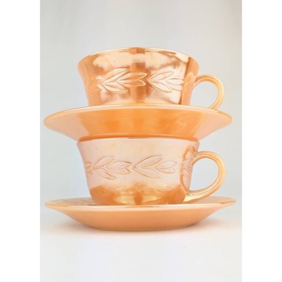 Luster Peach Cup and Saucer Set Vintage Orange Coffee Tea Cup & Saucer Fire King - Picture 2 of 10
